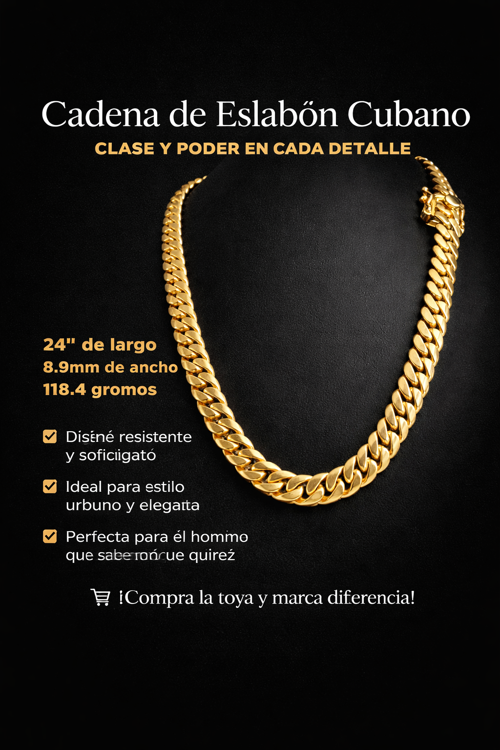 Cadena de Eslabón Cubano 10K 24” – Presencia y Poder en Cada Detalle