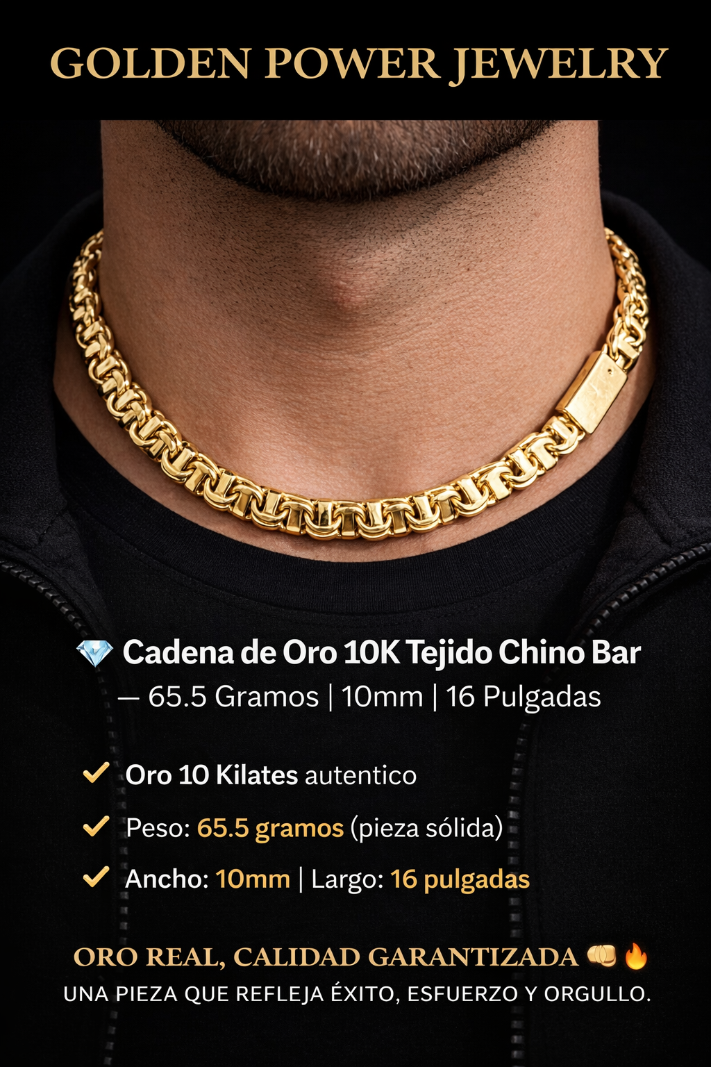 💎 Cadena de Oro 10K Tejido Chino Bar – 65.5 Gramos | 10mm | 16 Pulgadas